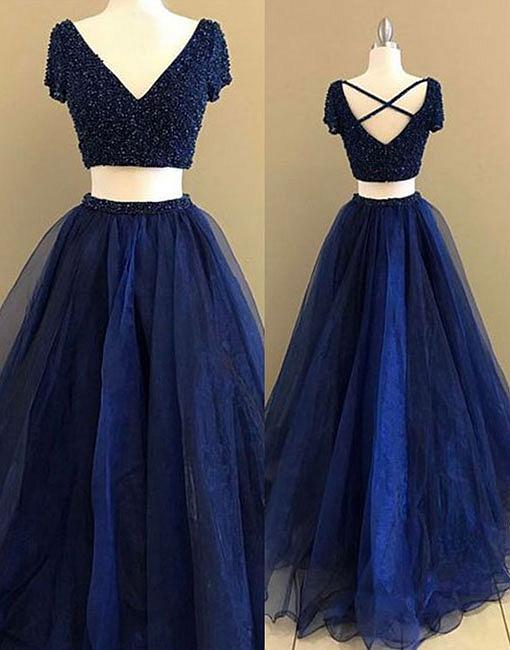Navy Blue Two Pieces Prom Dress With Beaded Crop Top