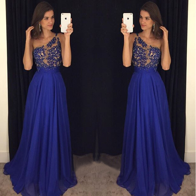 Sheath One Shoulder Royal Blue Long Prom Dress with Beading