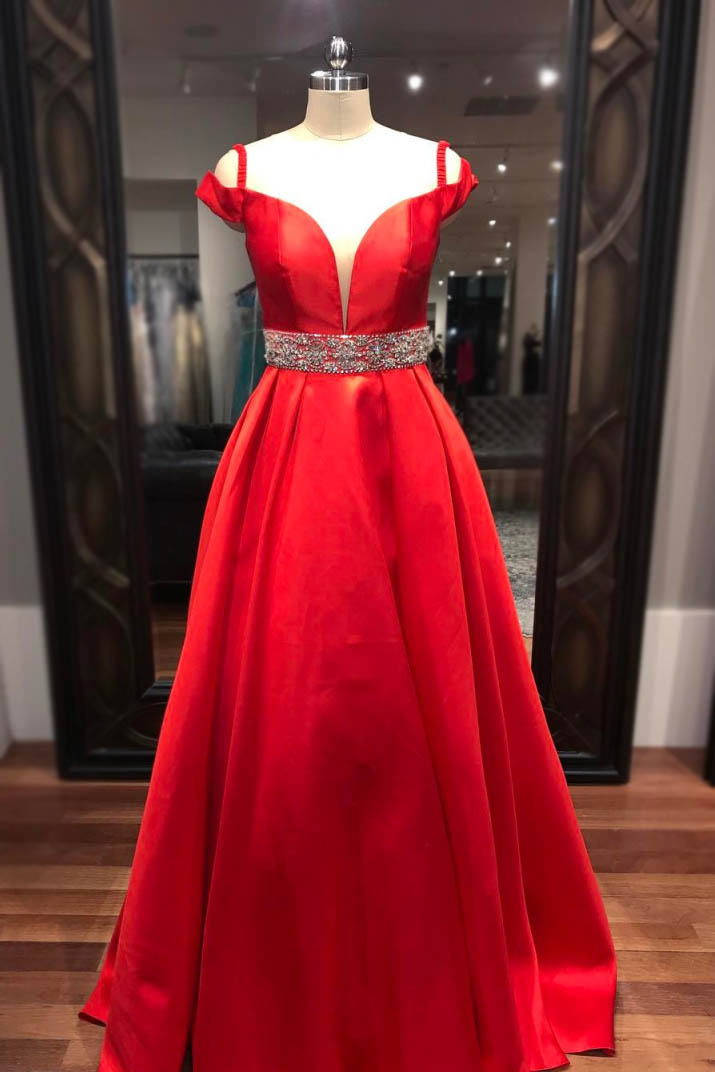 Red Prom Dress, A-line Prom Dress, Plunging Neck Formal Occasion Dress