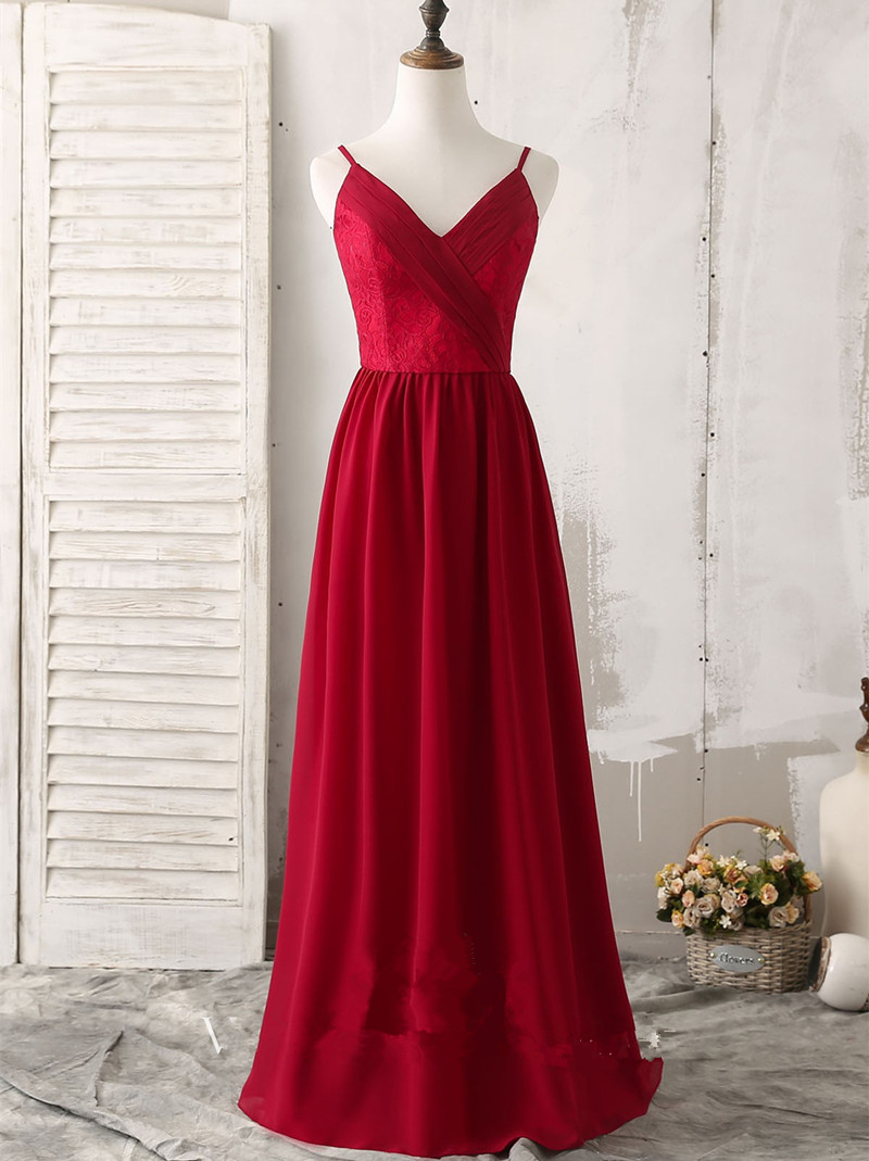Spaghetti Straps Prom Dress, Red Long Chiffon Formal Occasion Dress