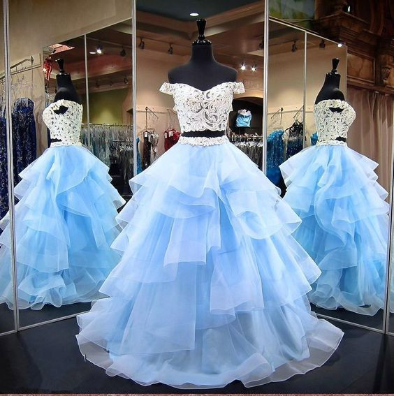 Light Blue Two Pieces Prom Dress With Lace Crop Top