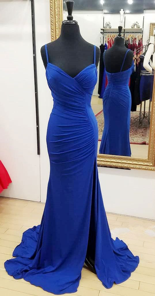 Spaghetti Straps Royal Blue Jersey Prom Dress With Slit