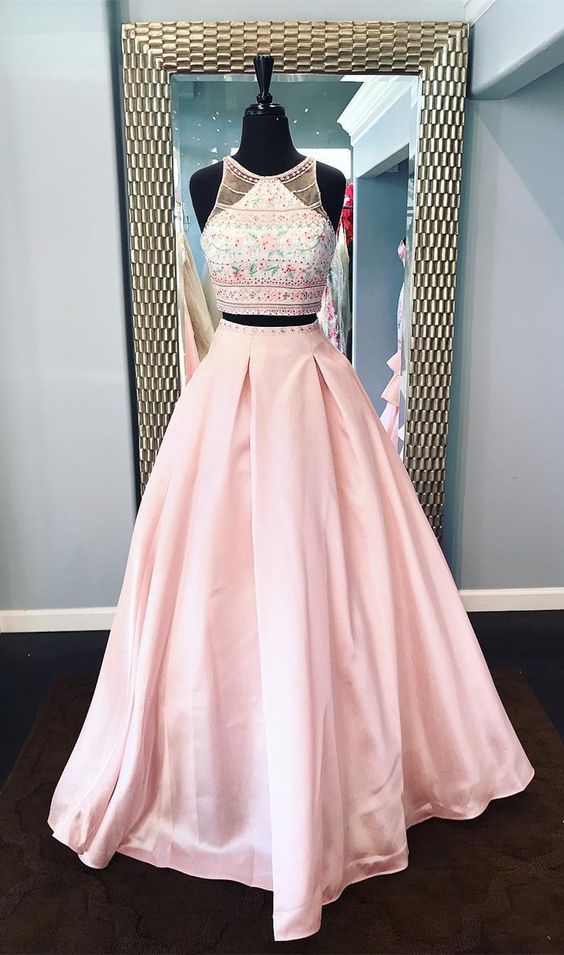Beaded Two Pieces Prom Dress Floor Length Prom Gown