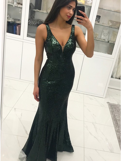 V Neck Floor Length Emerald Green Sequin Prom Dress With Open V Back