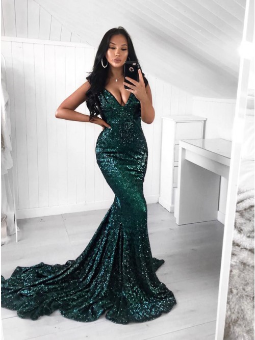 Spaghetti Straps V Neck Emerald Green Sequin Prom Dress on Luulla