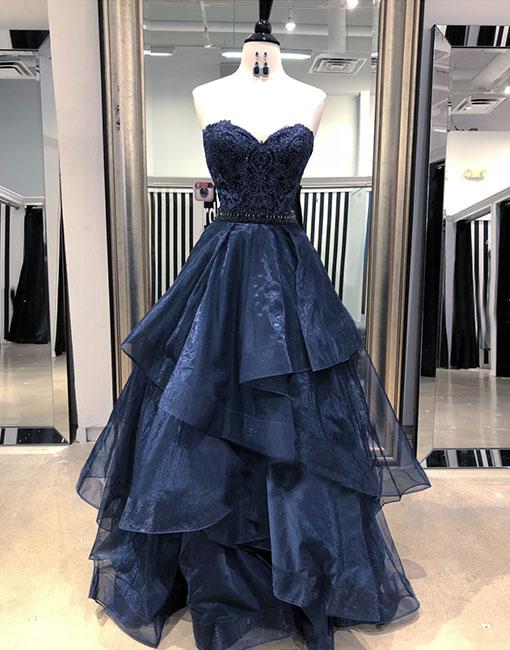 Dark Blue Lace Tulle Long Prom Dress, Ball Gown Party Dress For Teens