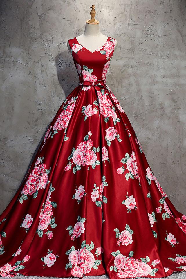 Burgundy V Neck Satin Long Prom Dress, Burgundy Evening Dress on Luulla