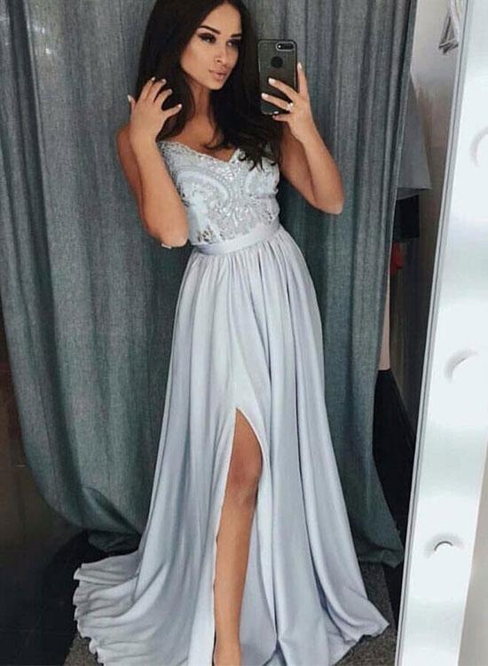 Sexy Gray V-neck Lace Long Prom Dress,split A-line Evening Dress