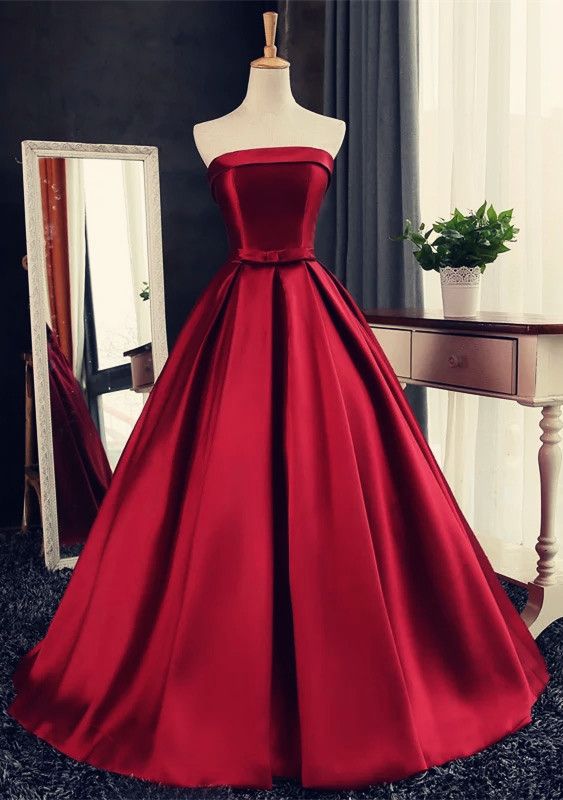 Sexy Long Satin Strapless Ball Gowns Prom Dresses Burgundy Quinceanera Dresses