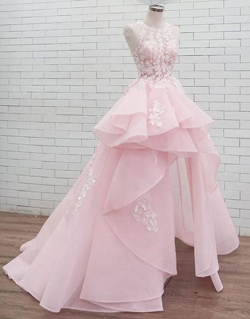 Pink Round Neck Lace Long Prom Dress, Sweet 16 Dress