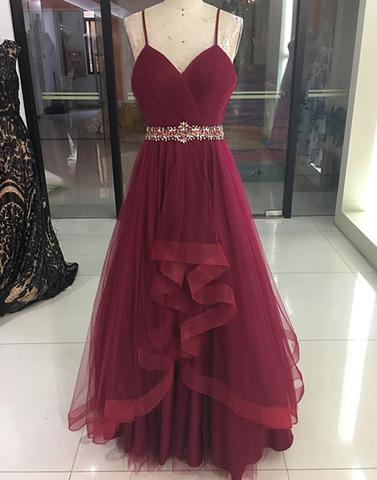 Thin Straps Burgundy Prom Dress With Cascade Skirt