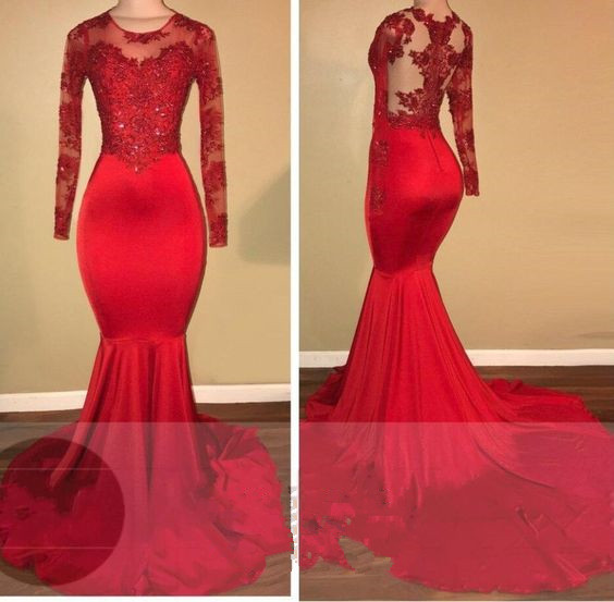 High Neck Long Sleeve Red Mermaid Appliques Prom Dress with Detachable Train main image 1
