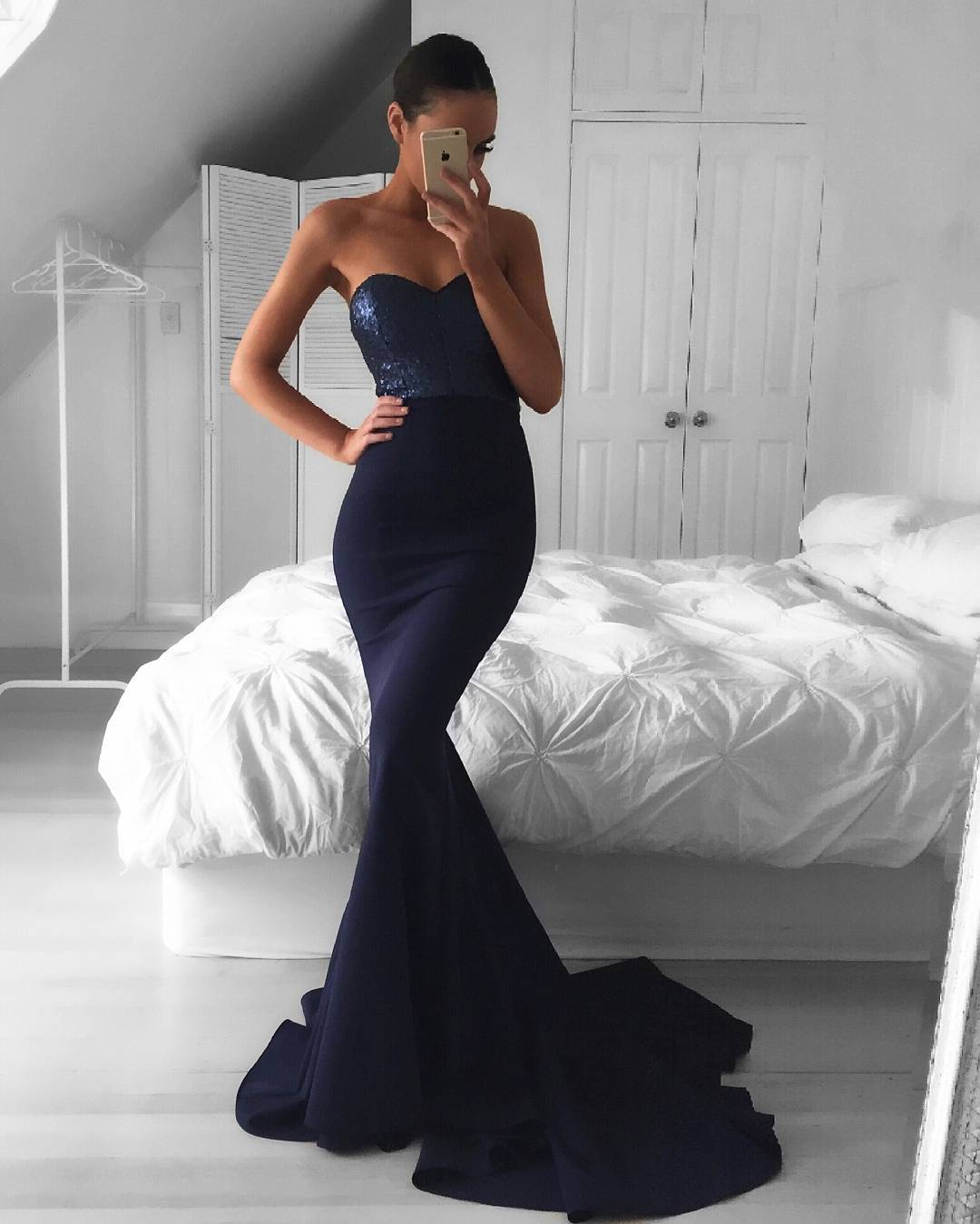 Sleeveless Navy Blue Prom Dress With Sequin Bodice