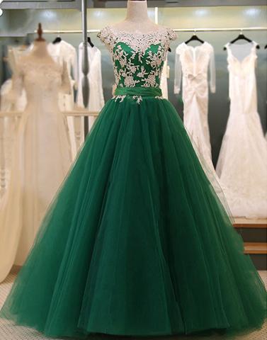 Cap Sleeves Dark Green Prom Dress With Lace