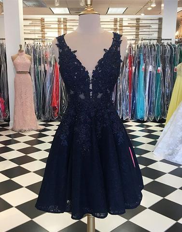 A-line Knee Length Short Navy Homecoming Dress With Lace
