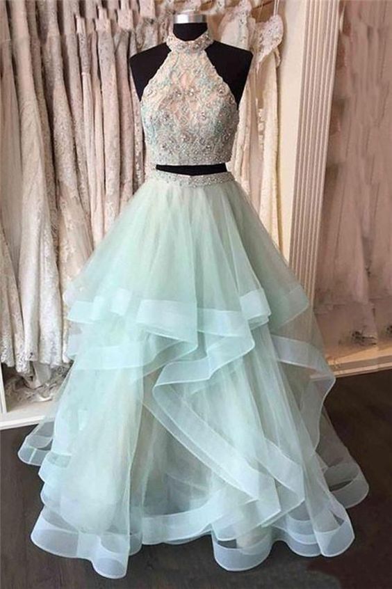 Light Mint Two Pieces Prom Dress with Tiered Skirt