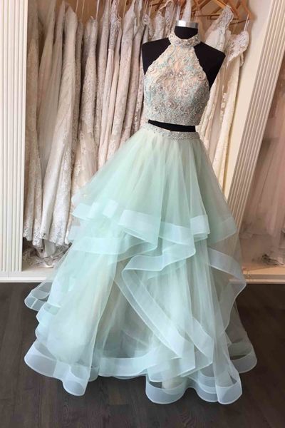 light green two piece prom dress Light Mint Two Pieces Prom Dress With Tiered Skirt