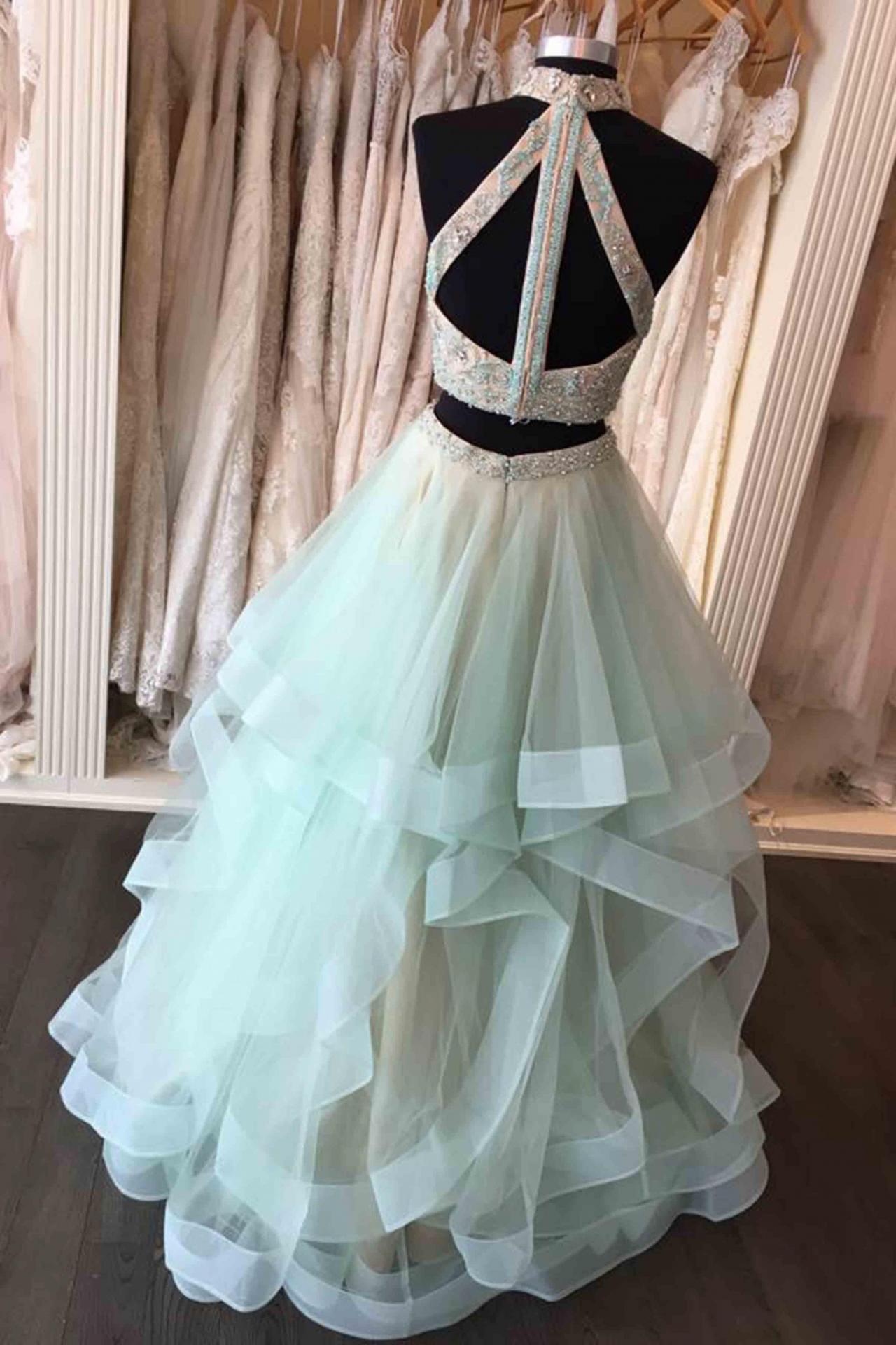 Light Mint Two Pieces Prom Dress With Tiered Skirt on Luulla