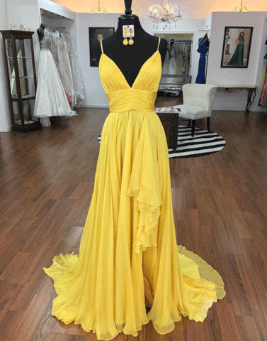 V Neck Yellow Chiffon Prom Dress With Slit