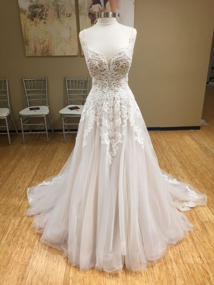 Spaghetti Strap Plunging V Lace Appliques A-line Wedding Dress Featuring Open Back And Train