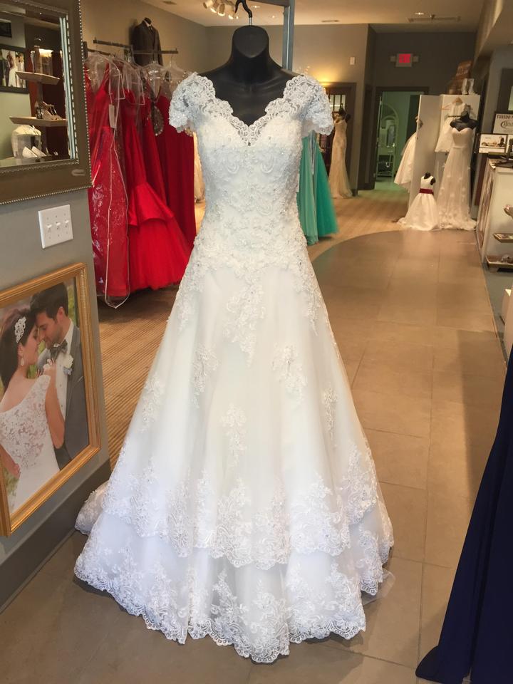 V Neck Scallop Lace Appliques A-line Wedding Dress With Cap Sleeves And Lace-up Back