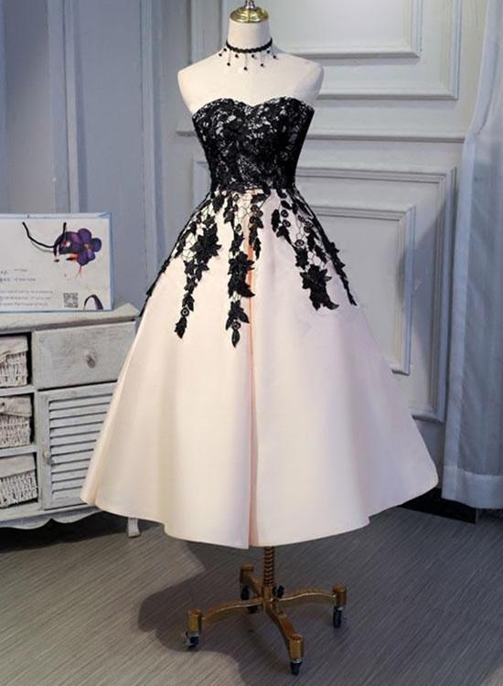 Sleeveless Tea Length Satin Semi Formal Party Dress With Black Lace on  Luulla