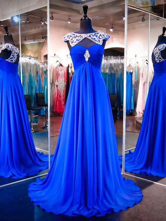 Long Royal Blue Prom Dress With Attachable Shawl