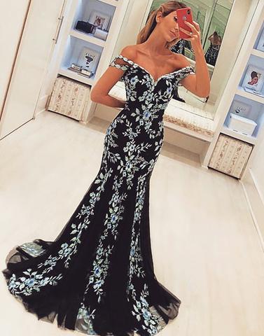 Off The Shoulder Black Prom Dress With Lace Evening Dress