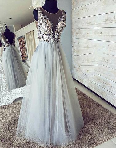 Illusion Neck Long Grey Prom Dress on Luulla