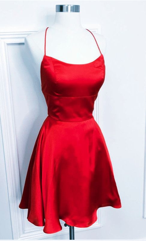 Red Satin Tie Back Straight-across Short Ruffled Skater Homecoming Dress