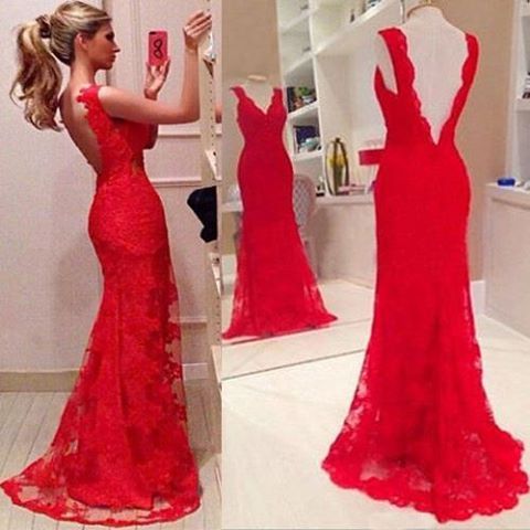 Overall Lace Evening Dress Red Formal Occasion Dress