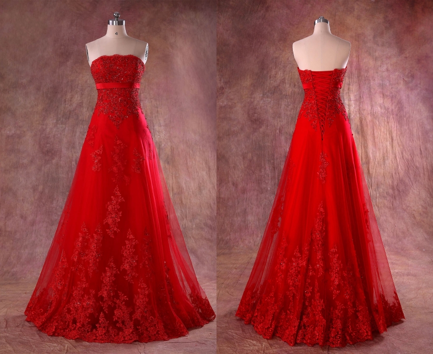 Strapless Red Formal Occasion Evening Dress With Appliques