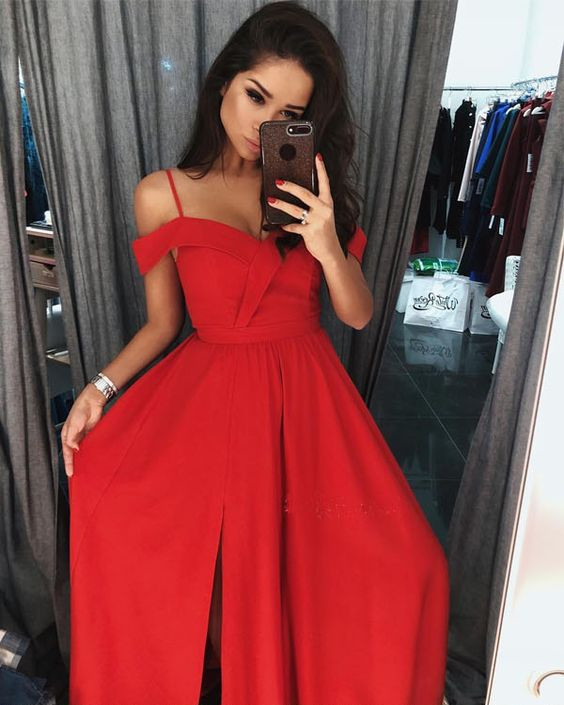 Cold Shoulder Red Prom Dress Evening Dress With Slit on Luulla