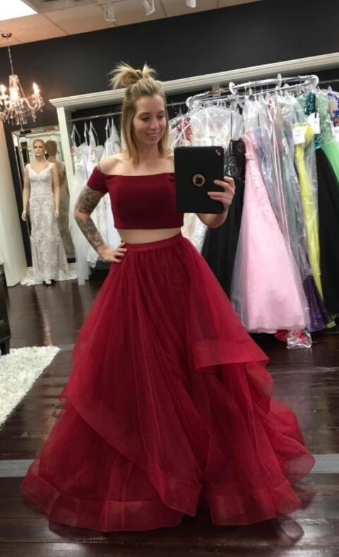 Burgundy Two Pieces Prom Dress With Tiered Skirt