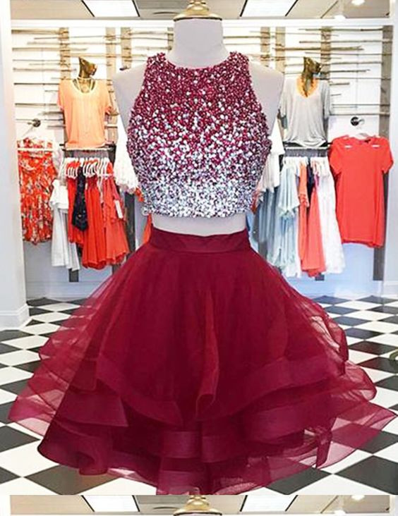 Short Two Pieces Prom Dress With Beaded Crop Top