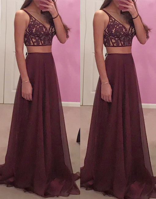 Two Pieces Chiffon Prom Dress With Exposed Bone Top