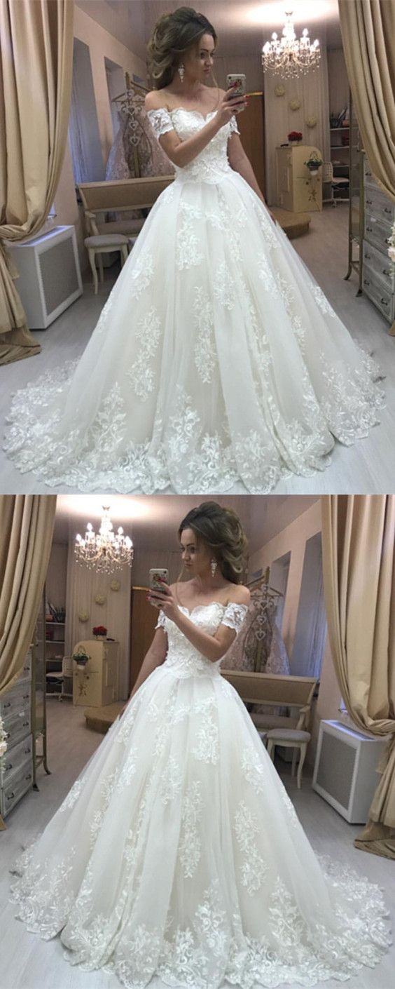Off The Shoulder Short Sleeves Wedding Dress With Appliques