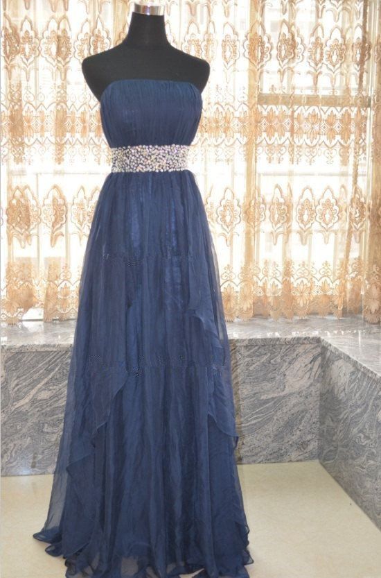 Strapless Navy Chiffon Evening Dress With Cascade Skirt on Luulla