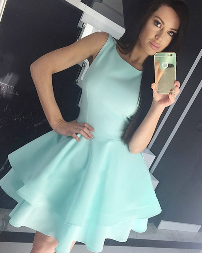 Crew Neck Light Mint Homecoming Dress With Layered Skirt