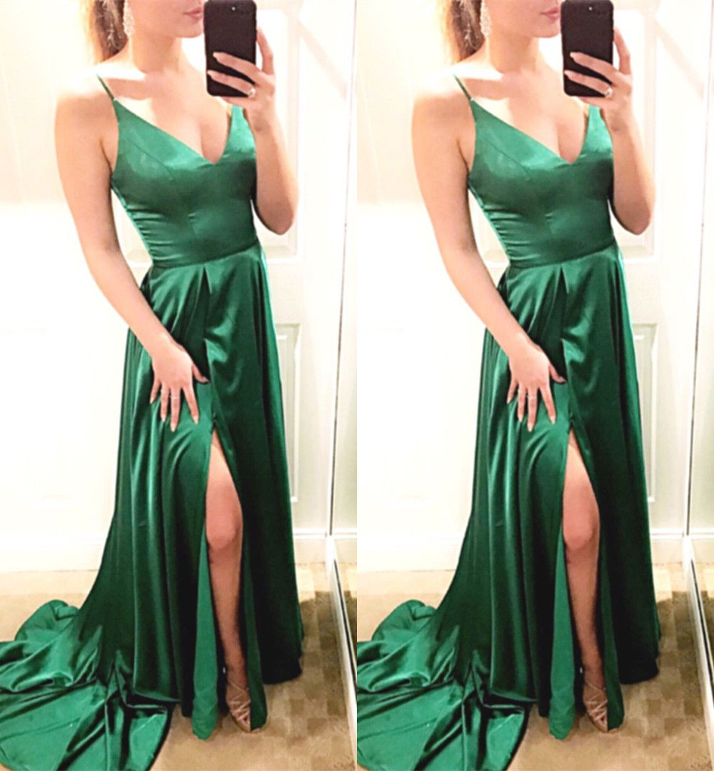 V Neck Green Prom Dress With Split
