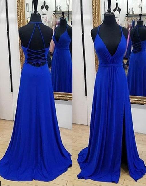 V Neck Royal Blue Prom Dress With Split