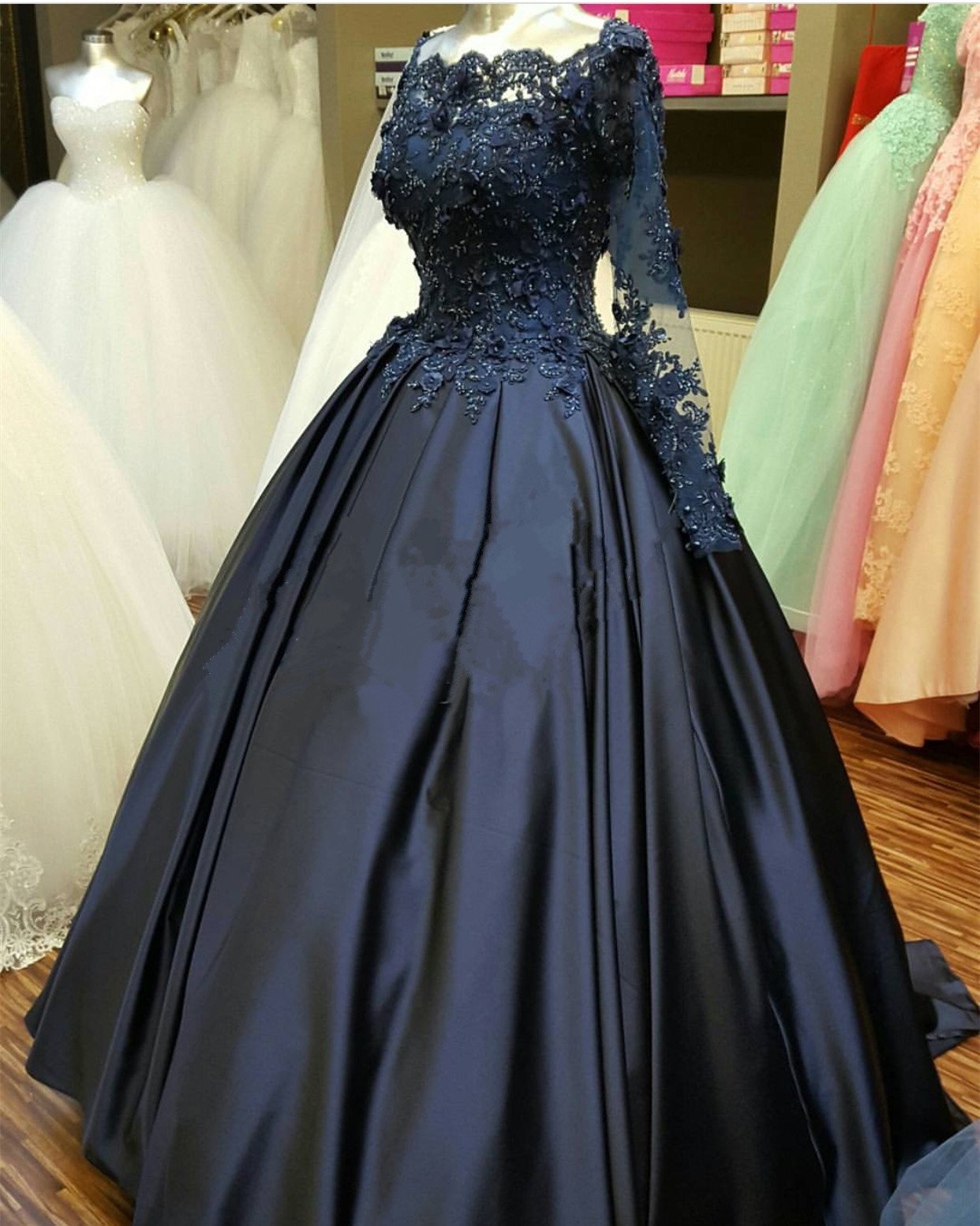 long sleeve navy evening gown