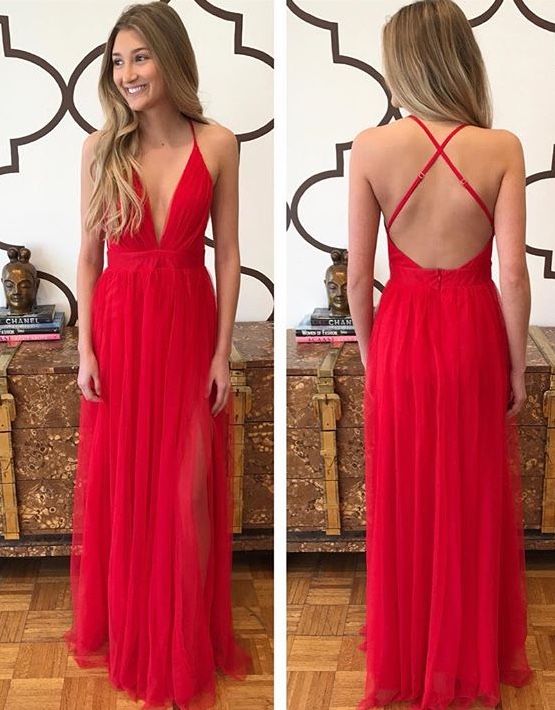Red Plunging Neck Pageant Dress With Adjustable Criss-cross Back