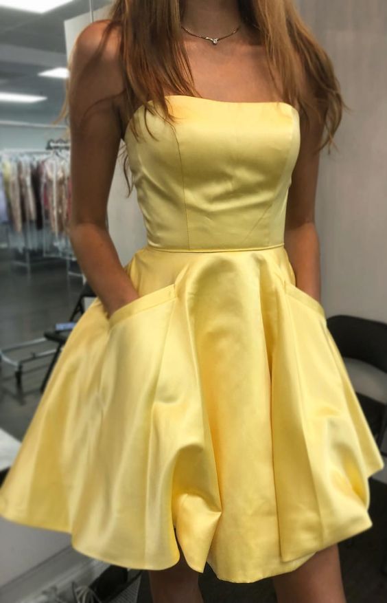 Strapless Short Yellow Homecoming Party Dress With Pockets