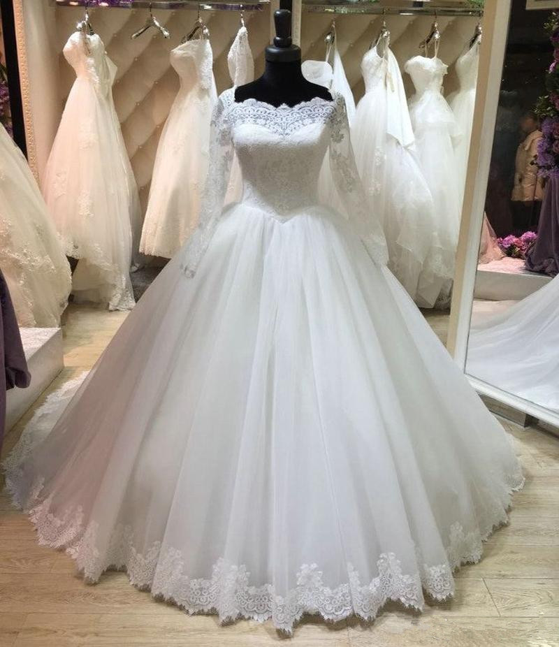 Sheer Neckline Long Sleeves Wedding Dresses Gowns Corset Back
