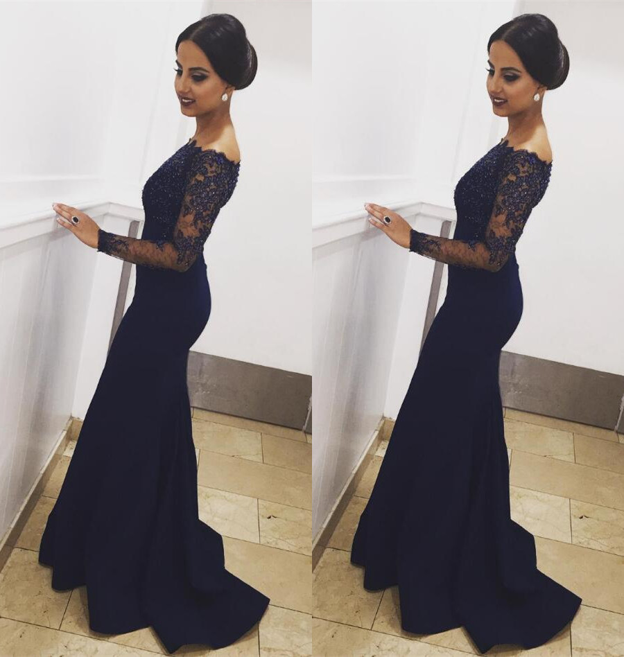 Off The Shoulder Pageant Dress Long Sleeves Navy Evening Dress