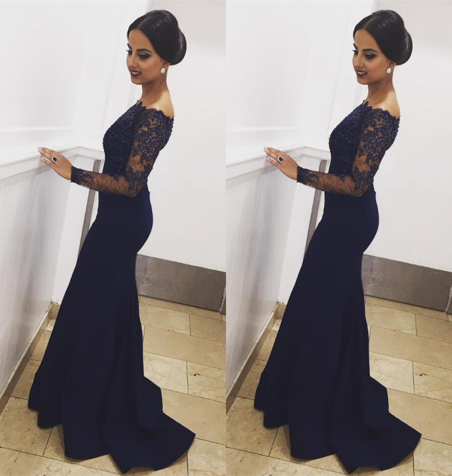 Off The Shoulder Pageant Dress Long Sleeves Navy Evening Dress on Luulla