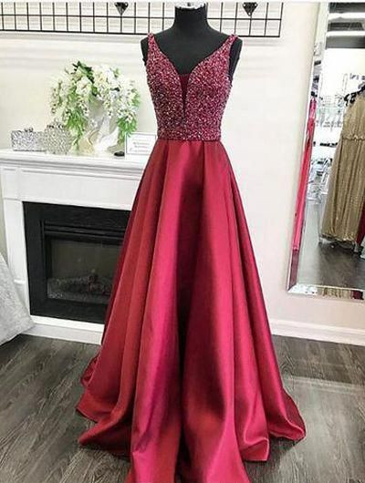 Mesh Plunging Neck Prom Dress With Beads
