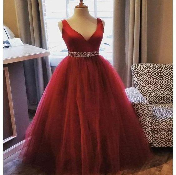 V Neck Ruby Prom Dress With Beaded Waist