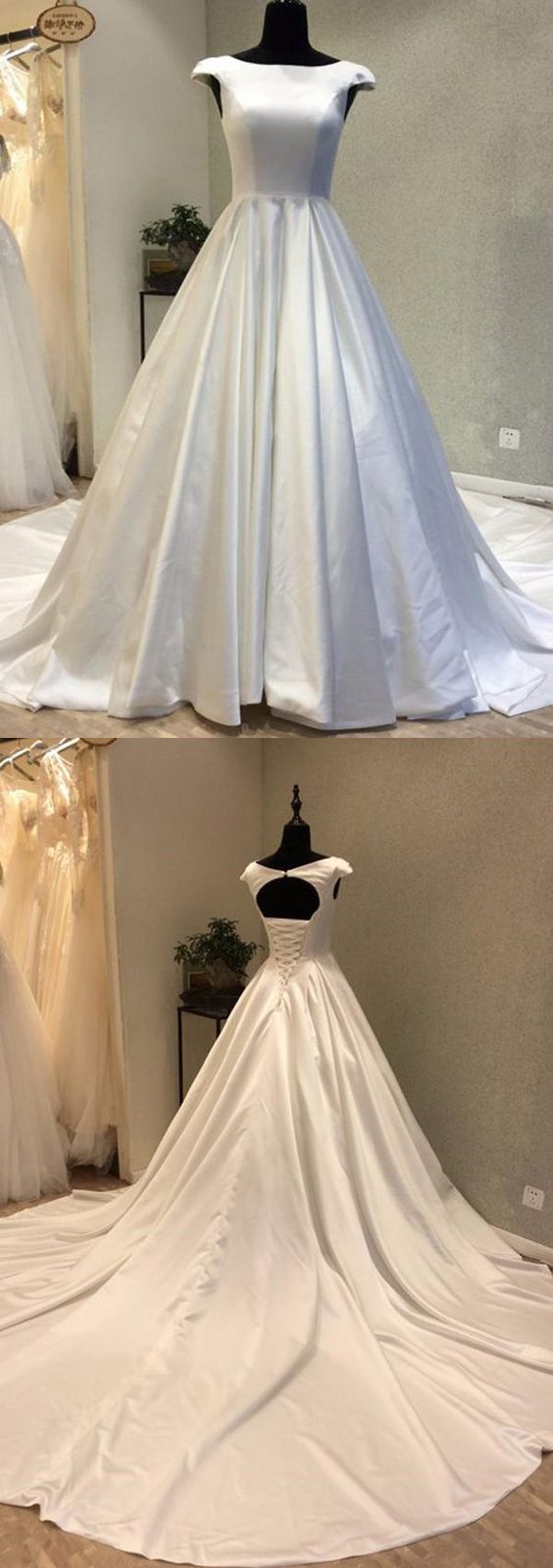 Cap Sleeves Satin Wedding Dress With Corset Keyhole Back